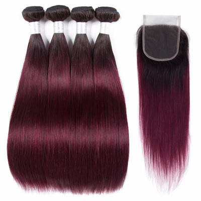 

HCDIVA 1B99J Dark Roots Ombre Brazilian Hair Straight 4 Bundles With Closure Ombre Human Hair Bundles With Lace Closure Virgin