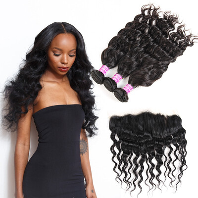 

Glary Indian Water Wave 3 bundles with Frontal 8A Indian Virgin Hair Wet&Wavy Curly Human Hair Extensions Natural Black