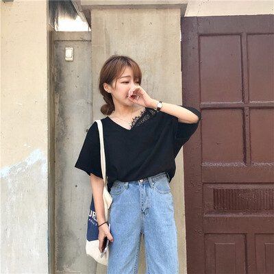 

2018 women wear korean style loosen V neck loosen collar lace side sling short sleeve off shoulder T-shirt