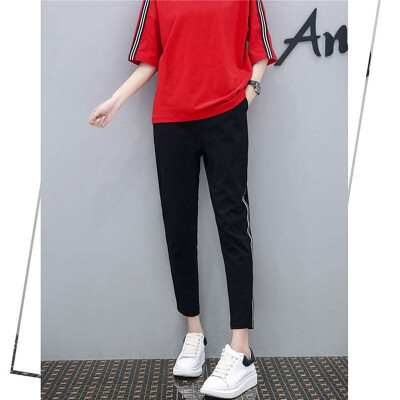 

2018 Summer new womens dress big code fashion loose leisure sports suit short-sleeved T-shirt nine-piece pants two-piece set