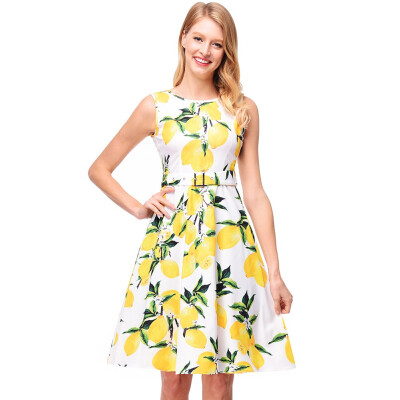 

Women Floral Vintage Dress Lemon Print 1950s Rockabilly Dress Vestidos Luxury Pleated Retro Plus Size Femme Sexy Robe