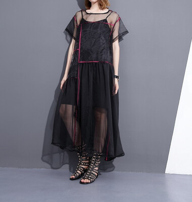 

Summer 2018 New Long Loose Hit Color Strap Dress Loose Mesh Dress Short-sleeved Two Piece Dress for Women