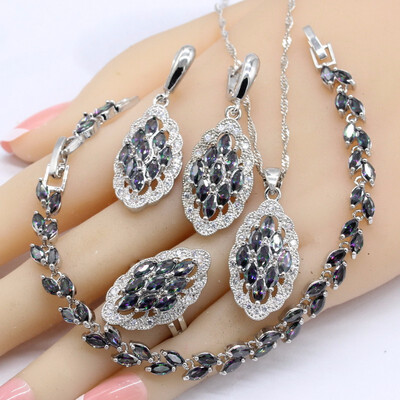 

925 Silver Jewelry Sets For Women Rainbow Marquise Cut Topaz Bracelet 4PCS Earrings Necklace Pendant Rings