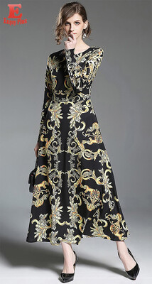 

L XL XXL vintage new autumn 2018 women long maxi dress long sleeve black&gold print slim A line ankle length lady