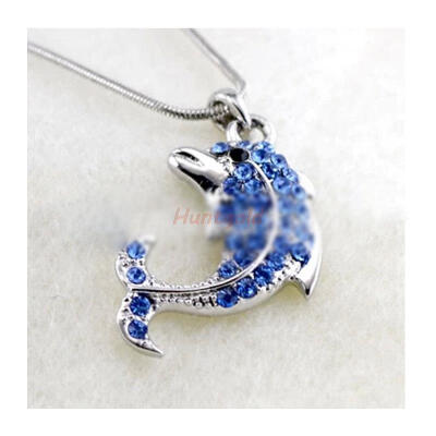 

2015 Fashion Women's Blue Crystal Rhinestone Dolphin Bead Charm Lucky Necklace Pendants