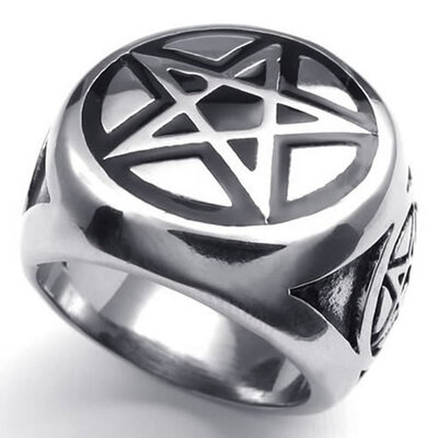 

Hpolw Silver&Black Stainless Steel Top Quanlity Pentagram men Ring Miraculous Charm Magic Rings