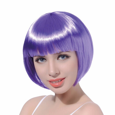 

10" Short Bob Wig With Bangs Synthetic Fake Hair Pink Purple Blonde Red 9 Colors Custom Cosplay Wigs For Women Heat Resistant