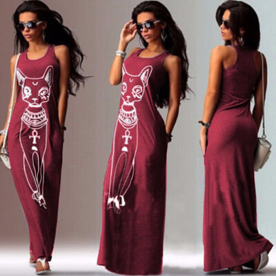 

Women Cotton Cat Print-Length Dress Sleeveless Sexy For women Casual Dress Elegant Party Dress