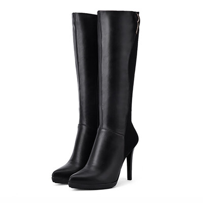 

IDIFU Womens Sexy Splicing Pointed Toe Side Zipper Stiletto High Heel Platform Under the Knee High Boots