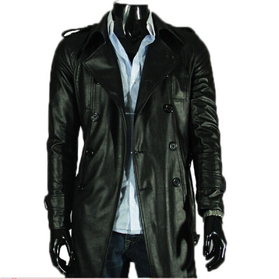 

Zogaa New Mens Leather Clothing Washed Leather Lapel Double-breasted Long