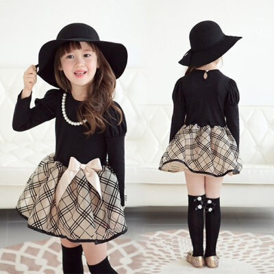 

New Girls Fashion Long Sleeve O-Neck Cute Polka Dot & Grid Pattern Dress