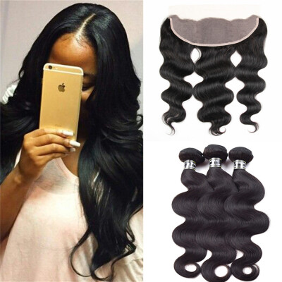 

7A Indian Virgin Hair 3 Bundles With 13x4 Lace Frontal Body Wave Hair Bouncy Hair Extension Silky Texture Natural Color