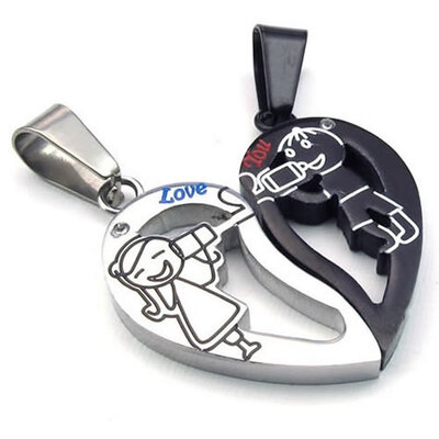 

Hpolw 2pcs Mens&Womens Heart-pattern Black&Silver Stainless Steel Couples Engraved Necklace Pendants18&22 inch Chain