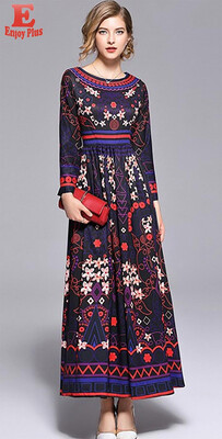 

L XL XXL vintage new autumn 2018 women long maxi dress long sleeve purple digital flower print slim A line ankle elegant lady