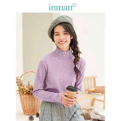 

INMAN 2018 winter new small fresh art embroidery high collar bottoming shirt sweater female 1884132534 pink purple M