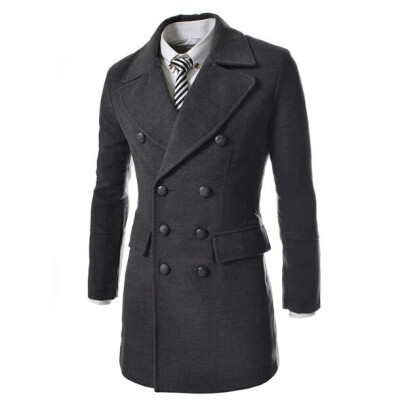 

Zogaa New Mens Wool Coat Autumn And Winter Double-breasted Long Leather Collar Splice