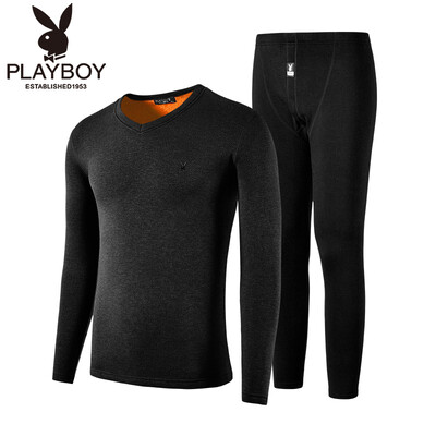 

Playboy thermal underwear mens suit plus velvet thick wool V-neck bottoming autumn clothes long pants warm suit male 8316 black XXL