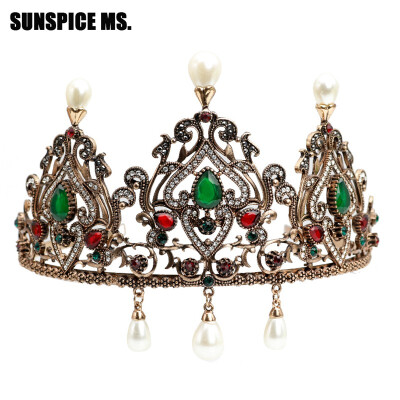 

SUNSPICE MS Turkish Ethnic Flower Tiaras For Women Antique Gold Color Imitation Pearl Stage Crown Retro Vintage Hair Jewelry New