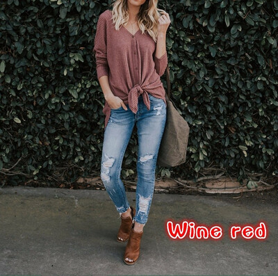 

2018 Womens Long Sleeve Button Up Knits Casual Knot Ties Weaters Sexy Off Shoulder Sweaters