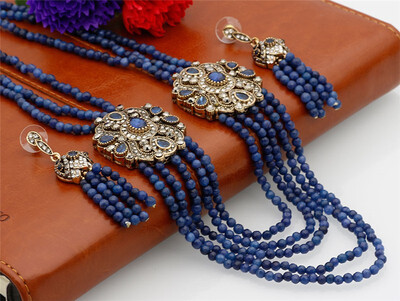 

Fashion Bohemia Jewelry Sets Natural Stones Beads Long Necklace Dangle Earring Multilevel Chain Round Full Crystal Pendant 2018