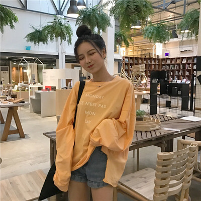 

2018 new arrival korean letter printing loose thin&long irregular T-shirt womens long sleeves