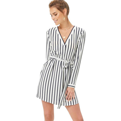 

Autumn new vertical striped V collar long sleeved dress