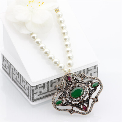 

Exquisite Turkish Resin Beads Pendant Necklaces For Women Party Ethnic Jewlery Gifts Antique Gold Color Long Sweater Chain 2018