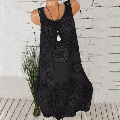 

New Fashion Women Printing Sleeveless Tank Dress Vintage Bohemian Midi Dress