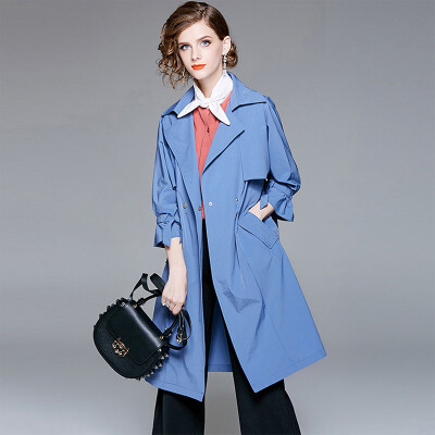 

Her pool womens 2018 autumn&winter new solid color lapel long-sleeved loose long windbreaker coat coat T83Z1836A5M blue