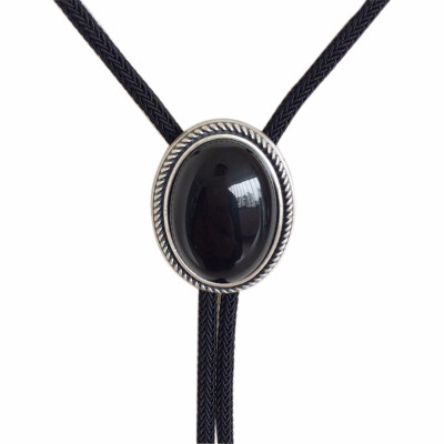 

New JEANS FRIEND Original Nature Black Obsidian Stone Oval Wedding Bolo Tie Necklace