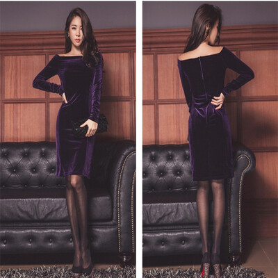 

Sexy Off The Shoulder Slash Neck Velvet Dress Womens 2018 Autumn New Elegant Sheath Bodycon Pencil Dresses Vestidos