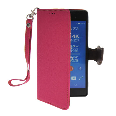 

MOONCASE Litch Skin Leather Side Flip Wallet Card Slot Pouch Stand Shell Back ЧЕХОЛ ДЛЯ Sony Xperia Z3 Hot pink