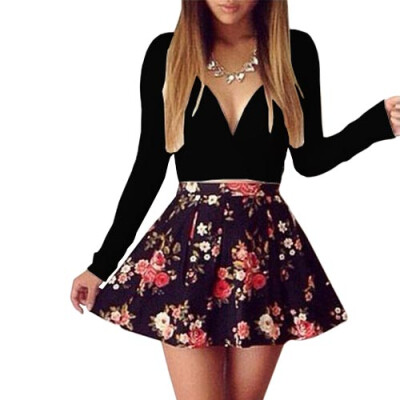 

CT&HF Women Sexy V-Neck Long Sleeve Low-Cut Beautiful Mini Floral Dress