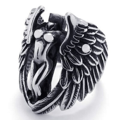 

Hpolw Cool Mens Silver&Black 316L Stainless Steel casting Angel Big Wing Rock Gothic Jewelry Fashion Retro Punk Ring