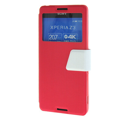 

MOONCASE Xperia Z4 , Slim Window Design Leather Side Flip Bracket ЧЕХОЛ ДЛЯ Sony Xperia Z4 Hot pink White