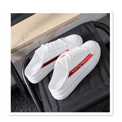 

2018 new wild Korean version of the heelless canvas shoes a pedal flat lazy shoes without heel baotou lazy pregnant women sandals