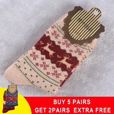 

5 pair Winter Women Socks Warm Wool Christmas Mid-calf Socks Woolen Snowflake Deer Comfortable Gift