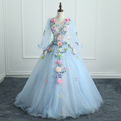 

Quinceanera Gowns 2018 Handmade Flowers Crystal Gowns Lace V-neck Ball Gown Luxury Evening Dresses