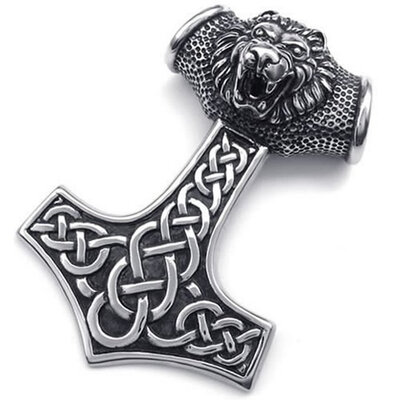 

Hpolw Stainless Steel Casting Black Lion Head Thors Hammer Celtic Knot Pendant Mens Necklace,18-26" Chain