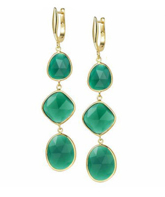 

925 Sterling Silver Green Onyx Three-Stone Dangle Earrings