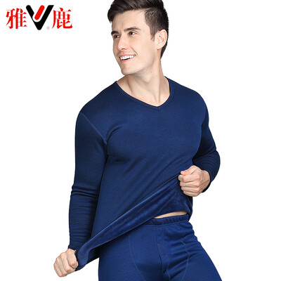 

Yalu thermal underwear mens thickening plus velvet autumn clothes long pants suit de velvet thick thermal underwear lovers suit male V-neck blue XXXL
