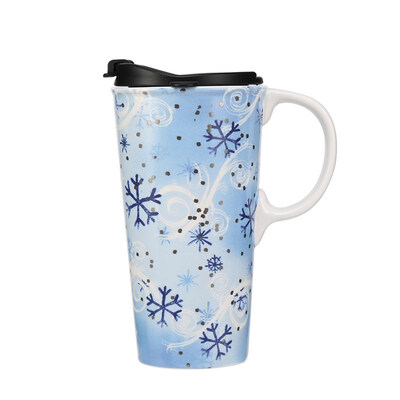 

Travel Coffee Ceramic Mug Porcelain Latte Tea Cup With Lid in Gift Box 17oz Snow Flake Flower Blue