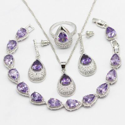 

925 Silver Jewelry Sets For Women Purple Semi-precious Necklace Pendant Bracelets Long Earrings Rings