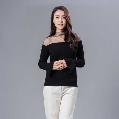 

2018 autumn korea slim style new grenadine Splicing shoulder knitted long sleeve sweater cardigan woollen sweater