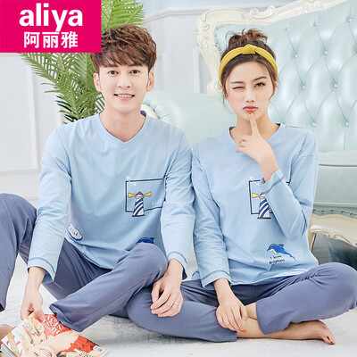 

Aria pajamas women autumn cotton long-sleeved couple pajamas men autumn cotton student ladies home service female autumn suit ALY20022-16 female lake blue lighthouse XXL
