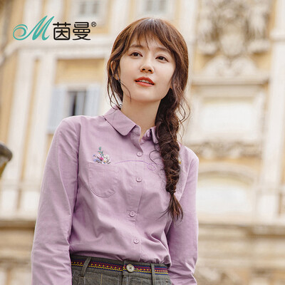 

INMAN 2018 autumn new literary retro romantic embroidered long-sleeved shirt shirt female 18830VP11483 light purple XL