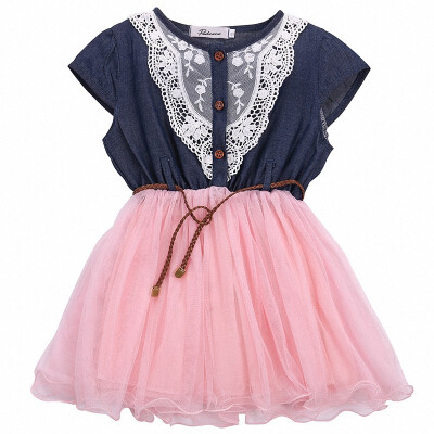 

Fashion Girls Kids Princess Flower Lace Denim Tulle Short Sleeve Denim patchwork belt Summer Dress