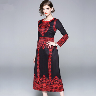 

Womens Fashion Jacquard O-neck Boho Print Long Dresses Female Casual Slim Retro Office Party Dress Maxi Vestidos