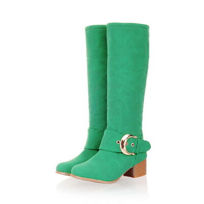 

IDIFU Womens Trendy Buckle Belt Vivid Color Stacked Block Medium Heel Round Toe Faux Suede Pull on Knee High Riding Boots