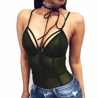 

Women Sexy Mesh Bodysuit Bandage Transparent Hollow Out Sling Party Bodysuit Female Overalls Bodycon Summer Rompers